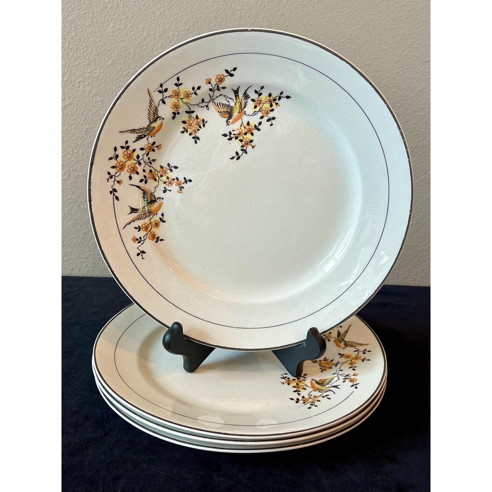 Antique 1926 Standard Pottery Bird Plates Set of 4 9" East Liverpool Ohio Floral